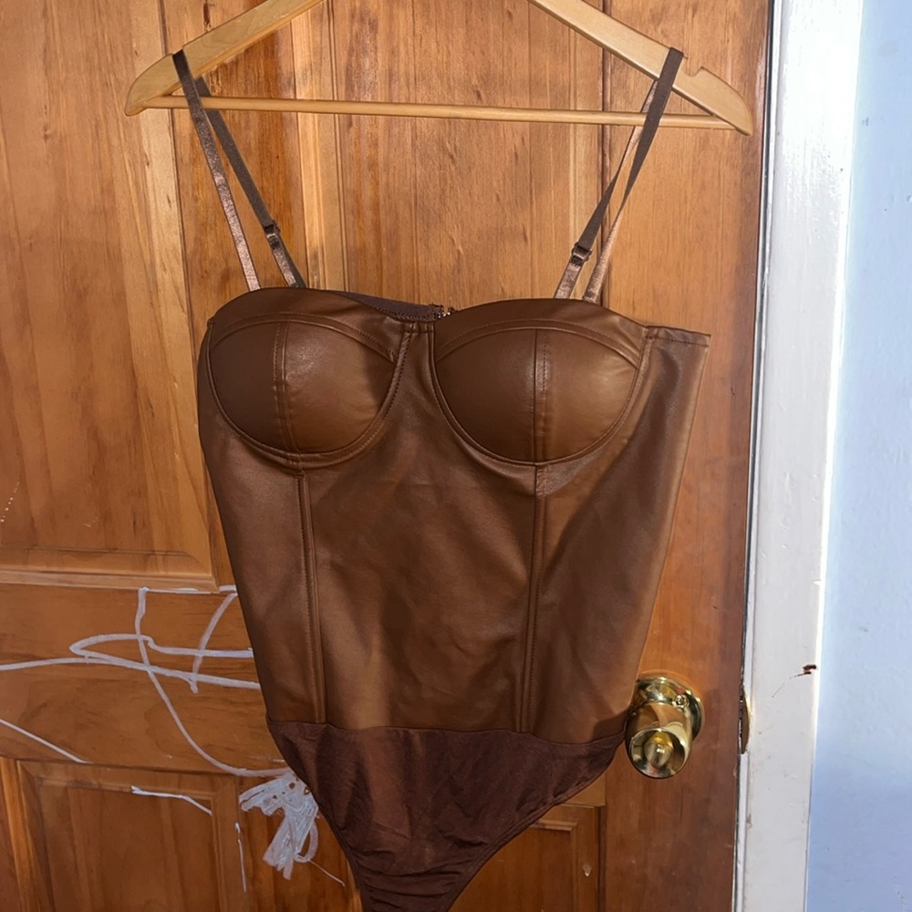 Sexy brown leather bodysuit top. Great for spring and summer!